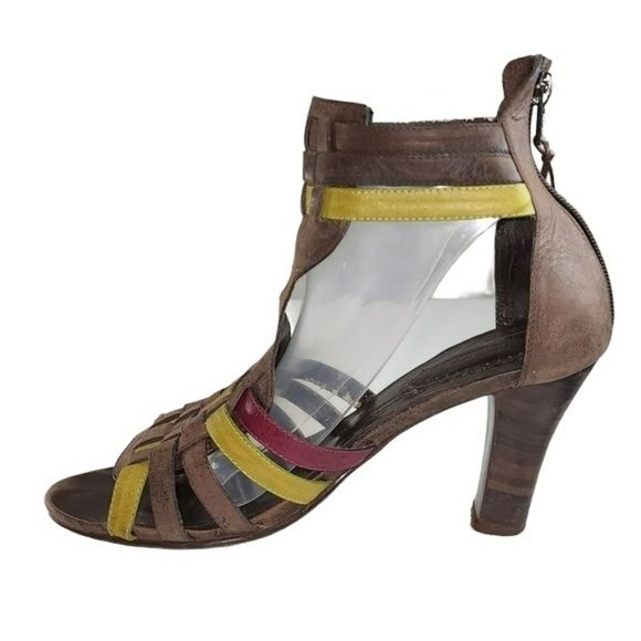 Vintage Style Brown Real Leather Peep Toe Block Heel Strappy Gladiator Sandals - Picture 16 of 16